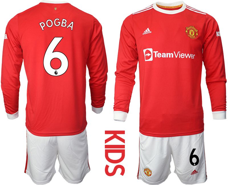 Youth 2021-2022 Club Manchester united home red Long Sleeve #6 Soccer Jersey